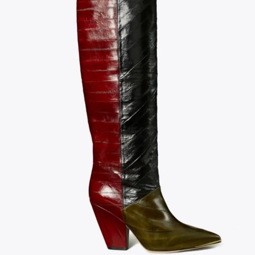 TORY BURCH LILA TALL BOOTS EEL LEATHER COLOR OLIVE/BLK/WINE 90MM HEEL US 8 1/2 - Picture 2 of 6